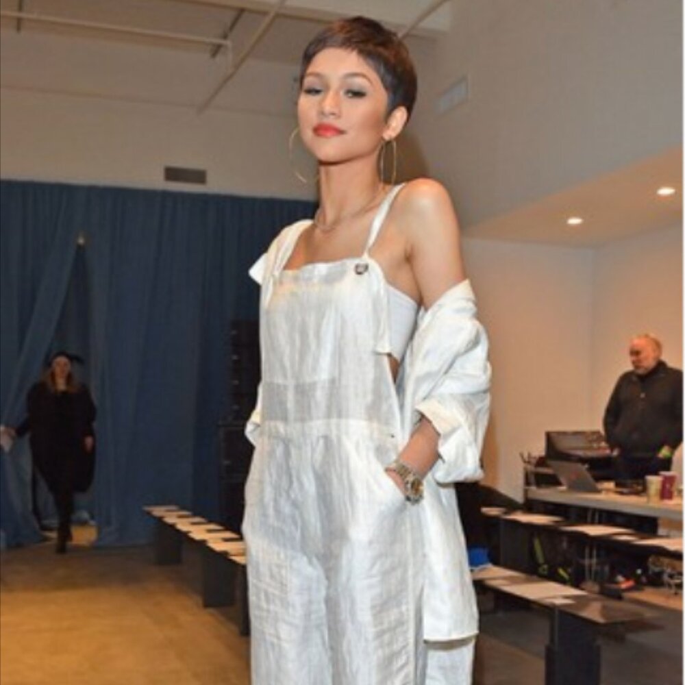 Adam Selman Fall 2015 RTW White Linen Overalls (styled by Zendaya)
